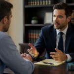 Prospective client consulting with an appellate lawyer in a law office during an appeal case evaluation meeting