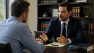 Prospective client consulting with an appellate lawyer in a law office during an appeal case evaluation meeting Prospective client consulting with an appellate lawyer in a law office during an appeal case evaluation meeting