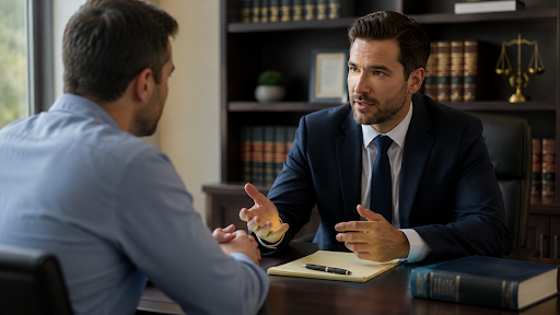 Prospective client consulting with an appellate lawyer in a law office during an appeal case evaluation meeting