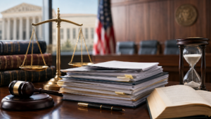 Appellate court case files, scales of justice, gavel, and legal documents representing the appeal review process after filing an appeal Appellate court case files, scales of justice, gavel, and legal documents representing the appeal review process after filing an appeal