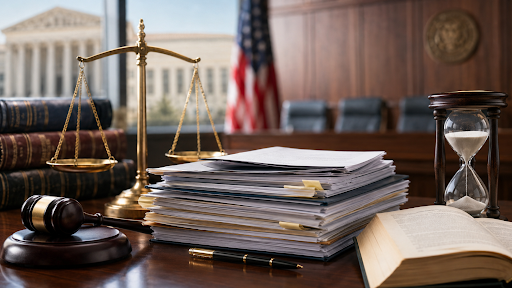 Appellate court case files, scales of justice, gavel, and legal documents representing the appeal review process after filing an appeal