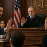 Attorney raising an objection during courtroom testimony as a witness sits at the stand and a judge prepares to rule in a formal U.S. courtroom setting.