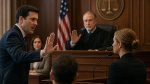 Attorney raising an objection during courtroom testimony as a witness sits at the stand and a judge prepares to rule in a formal U.S. courtroom setting.