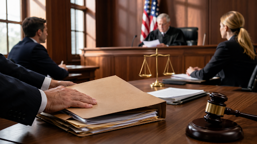 Pretrial courtroom hearing with judge and attorneys reviewing a case.