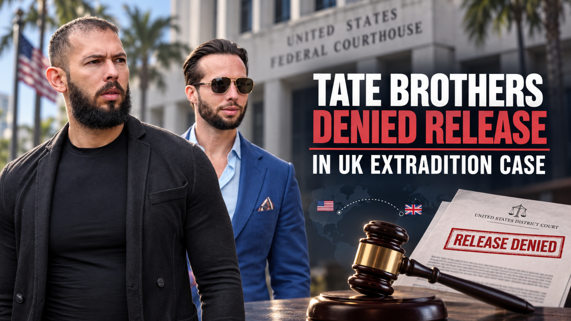 Andrew and Tristan Tate remain detained in Miami after a federal judge denies their release request during UK extradition proceedings